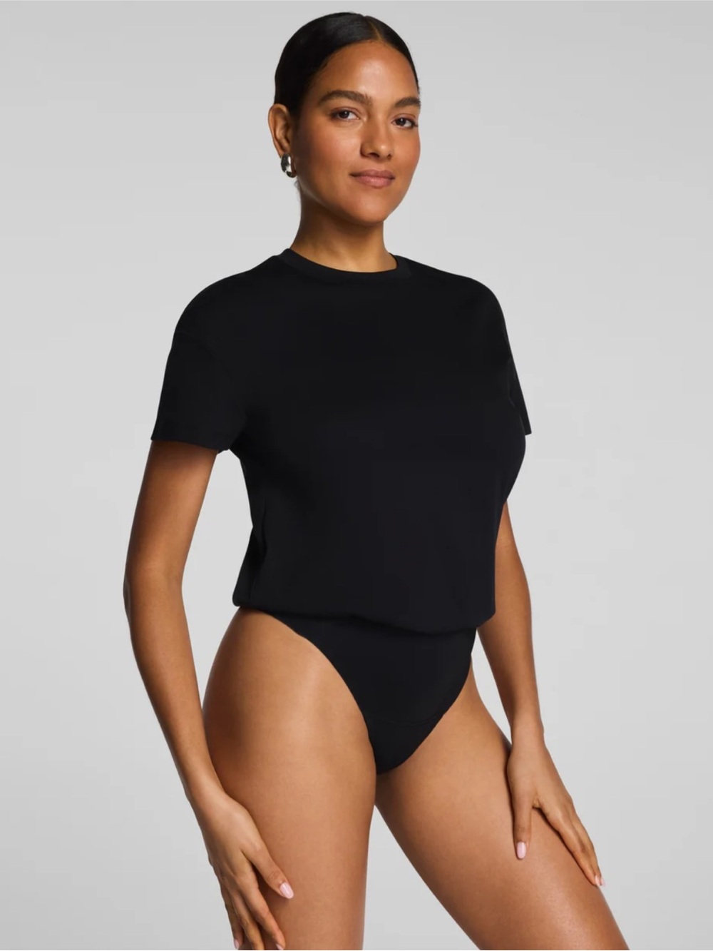 NWT Spanx 20485R Black Lightweight Cotton Crewneck Short Sleeve Bodysuit Sz. L